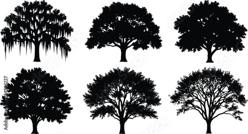 Tree silhouette set, black nature collection, forest and garden shapes, vector trees for landscape, logo, poster, wall art, and graphic design use