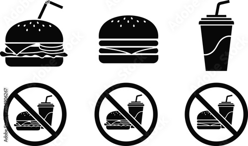 Fast food icons set, burger and drink symbols, black silhouette vector signs for restaurant, menu, diet, warning, and design use