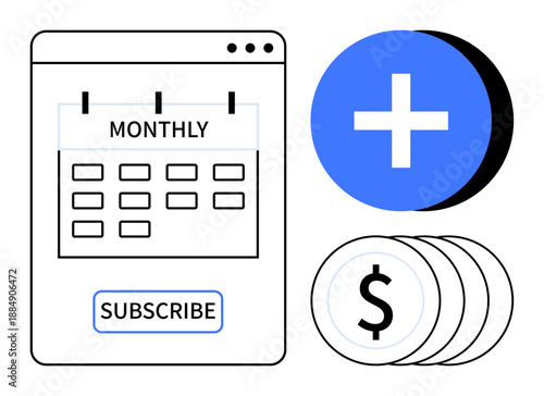Subscription payment concept. Monthly calendar with subscribe button, currency icons, and add symbol highlighting subscription services. Perfect for digital products, payments, SaaS platforms