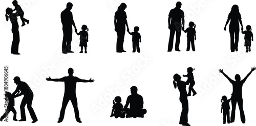 Family silhouette collection, parents and children moments, love and care scenes, black vector figures for parenting, lifestyle, and social design