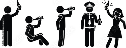 Drinking people icons set, alcohol consumption pictograms, party and bar scenes, black silhouette symbols for warning, social, and health design