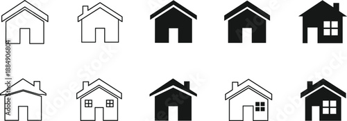 House icons set, home symbols collection, simple building silhouettes, black and white vector houses for real estate, web, app, UI, and design