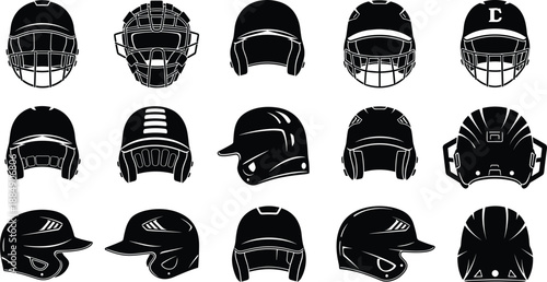 Baseball helmet icons set, black silhouette collection, sports safety gear, vector illustration pack for teams, training, and branding, design, use