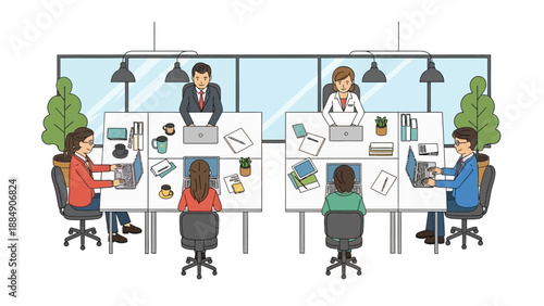 Office Workers at Workstations in Cubicle.