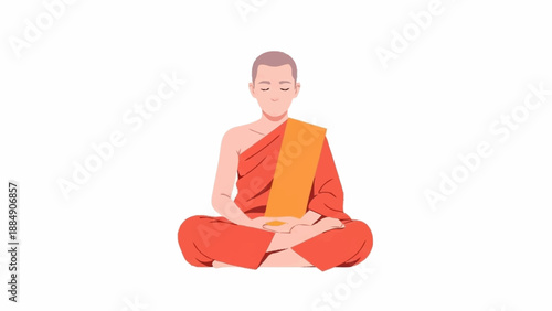 An illustration of a serene Buddhist monk meditating peacefully in traditional orange robes.