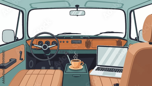 Retro car interior with a laptop on the passenger seat and a steaming cup of coffee.