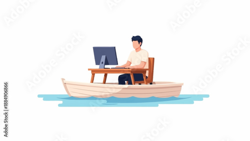 Digital nomad working remotely from a small boat with a computer and desk floating on calm water.