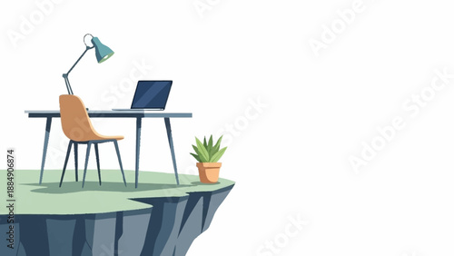 An isolated remote work desk with a laptop, chair, and lamp positioned on a precarious grassy cliff.