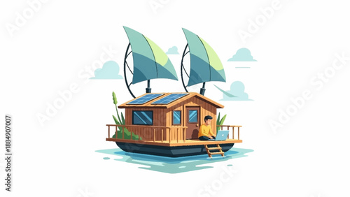 An illustration of a person working on a floating house with solar panels and wind sails, symbolizing sustainable remote living.