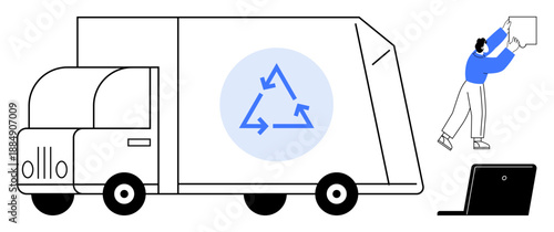 Recycling concept. Recycling truck with visible recycle symbol highlighting sustainability. Person managing materials to eco-friendly activities. For sustainability projects, eco campaigns, waste
