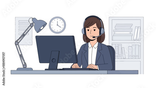 Woman Wearing Headset Working on Computer.