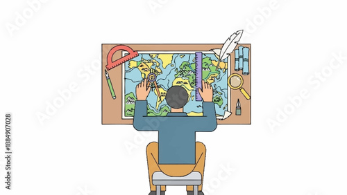 A person from behind meticulously studying a colorful world map on a desk, surrounded by various cartography tools.