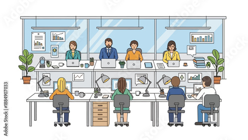 Office Workers at Desks in Modern Office.
