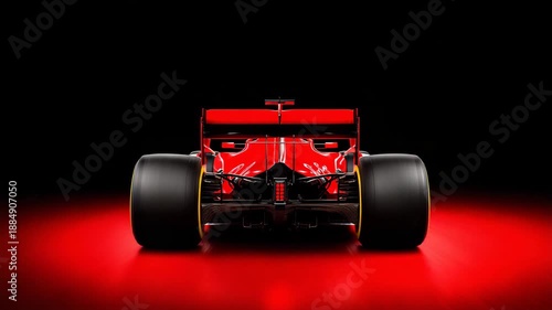 High-performance racing car in red color on display with striking lighting in a dark setting during a car show event