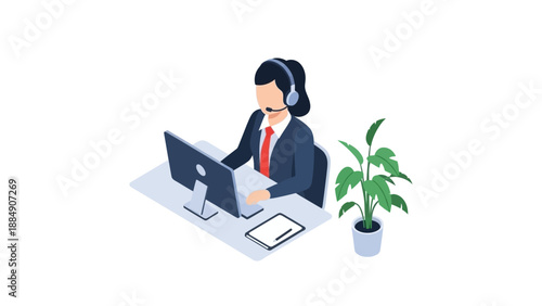 Woman Working on Computer with Headset.