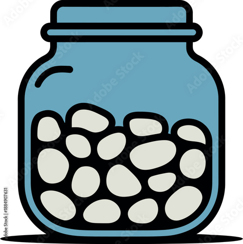 A cartoon illustration of a blue jar filled with white pebbles on a plain white background