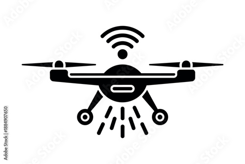 A black drone icon with a Wi-Fi signal flying through the air