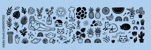Whimsical kids doodle collage of hand drawn plants, lounging woman, cats, pineapples and rainbows on pale blue background ink icons