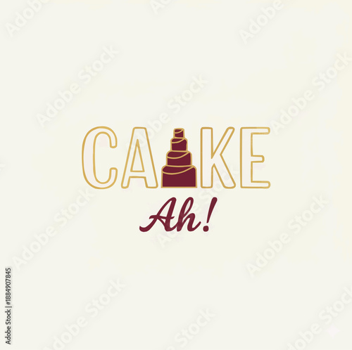 An elegant and sophisticated bakery logo for "Cake Ah!" featuring a three-tier cake silhouette. The design utilizes a premium gold and maroon color scheme with a mix of modern outlined and script font