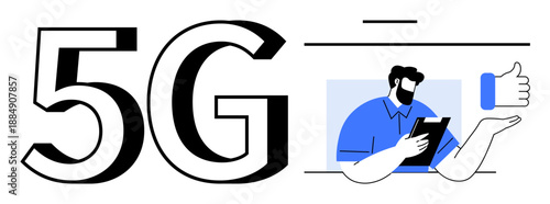 Mobile networking, digital communication, remote work, wireless technology, internet speed, connectivity. Large 5G text, man with tablet thumbs up icon. Mobile networking and digital communication