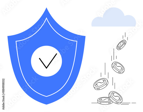 Financial protection, online payments, cybersecurity, monetary savings, insurance, technology. A blue shield with a checkmark and coins falling from a cloud. Financial protection and online payments