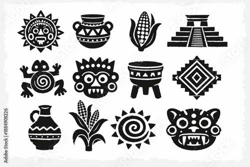 Pipil indigenous culture icons in torn vector texture style