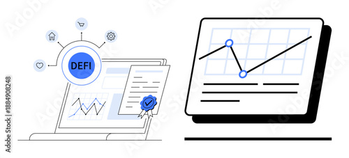 Laptop displaying decentralized finance elements, certified contracts, and analytics with rising statistical graphs. Ideal for blockchain, fintech, data, investment, technology, cryptocurrency