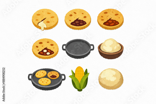 Salvadoran pupusa variety icons in torn vector texture style