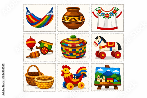 Salvadoran handicrafts icons in torn vector texture style