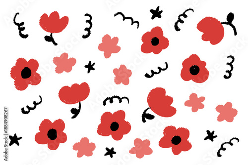 手描き風の花が並ぶ北欧ナチュラルなフラワーパターン背景イラスト