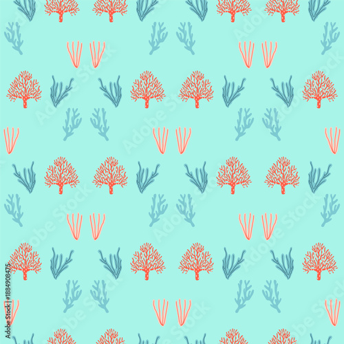 Seamless coral pattern with stylized marine plants on turquoise background, seamless pattern suitable for textile, wallpaper, packaging, summer decor, ocean inspired surface design