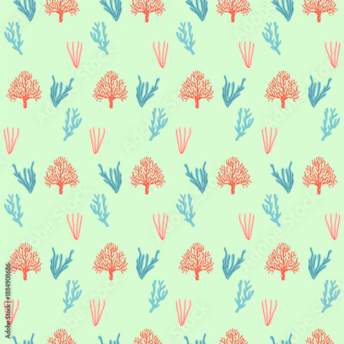 Seamless coral pattern with hand drawn marine plants on light green background, seamless pattern ideal for textile, wallpaper, packaging, surface design, ocean inspired decor