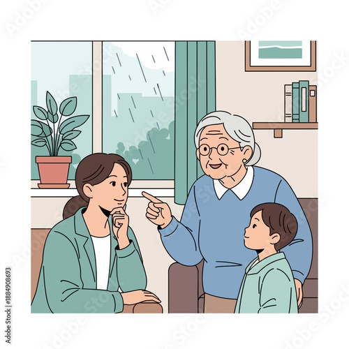 Grandmother sharing story with daughter and grandson indoors