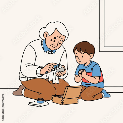 Grandmother teaching grandson about nature, examining a stone.
