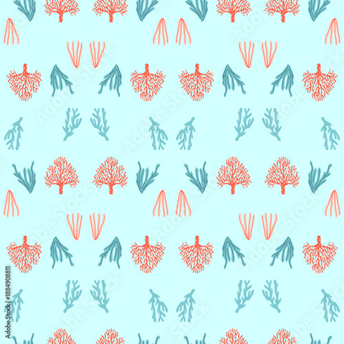 Seamless coral pattern with hand drawn marine plants on light turquoise background, seamless pattern for textile, wallpaper, packaging, surface design, ocean themed decor