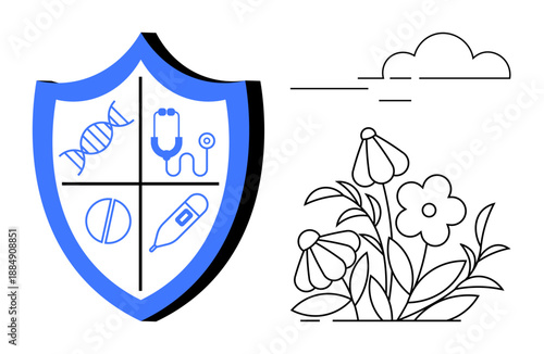 Healthcare protection, medical symbols, nature, security, wellness, health awareness. A shield with medical icons and flowers. Healthcare protection and medical symbols concept