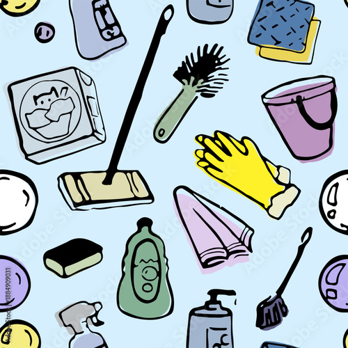 Pattern with hand drawn simple elements.Vector, isolated. Towel, mop, gloves, bucket, soap, brush, sponge. Doodle, ink texture.