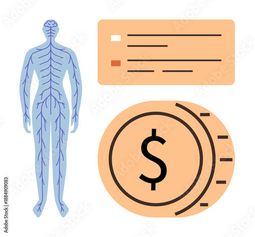 Healthcare costs, financial planning, medicine, body systems, economic analysis, insurance. Human nervous system with financial chart and dollar symbol. Healthcare costs and financial planning