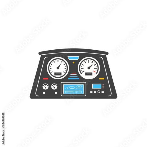 Detailed illustration of a modern vehicle dashboard with various gauges and digital displays.