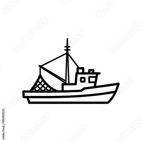Simple Line Art Illustration of a Fishing Boat with Net and Mast.