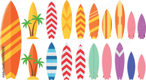 Colorful Surfboard Collection Set with Tropical Beach Elements Vector Illustration Isolated on White Background for Surfing Design