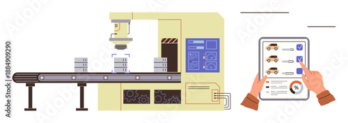 Quality control, manufacturing inspection, technology automation, industrial processing, production efficiency, data tracking. Machine scanning items on a conveyor belt with a hand inspecting