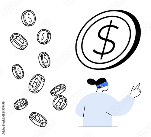 Cryptocurrency, fintech, virtual trading, blockchain solutions, digital economy, investment strategies. Coins with dollar and bitcoin symbols and a person using virtual reality glasses