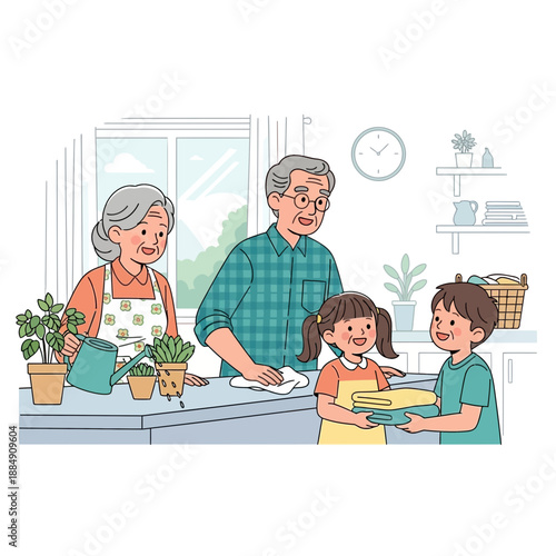 Grandparents and grandchildren doing chores together