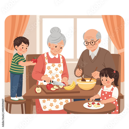 Grandparents and grandchildren preparing fruit salad in the kitchen