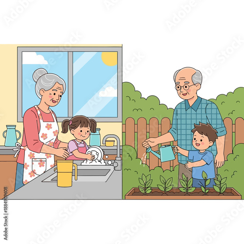 Grandparents and grandchildren doing chores together, kitchen sink and garden watering