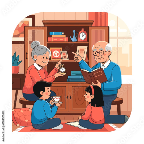 Grandparents reading to children in cozy living room