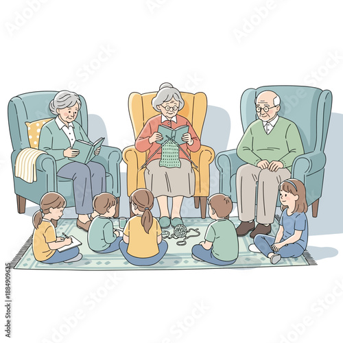 Grandparents reading to grandchildren in cozy living room
