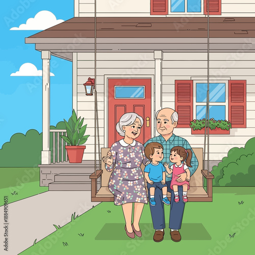 Happy grandparents with grandchildren on a porch swing in front of their house.