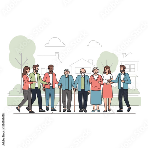 Intergenerational family walking together on sidewalk with houses in background